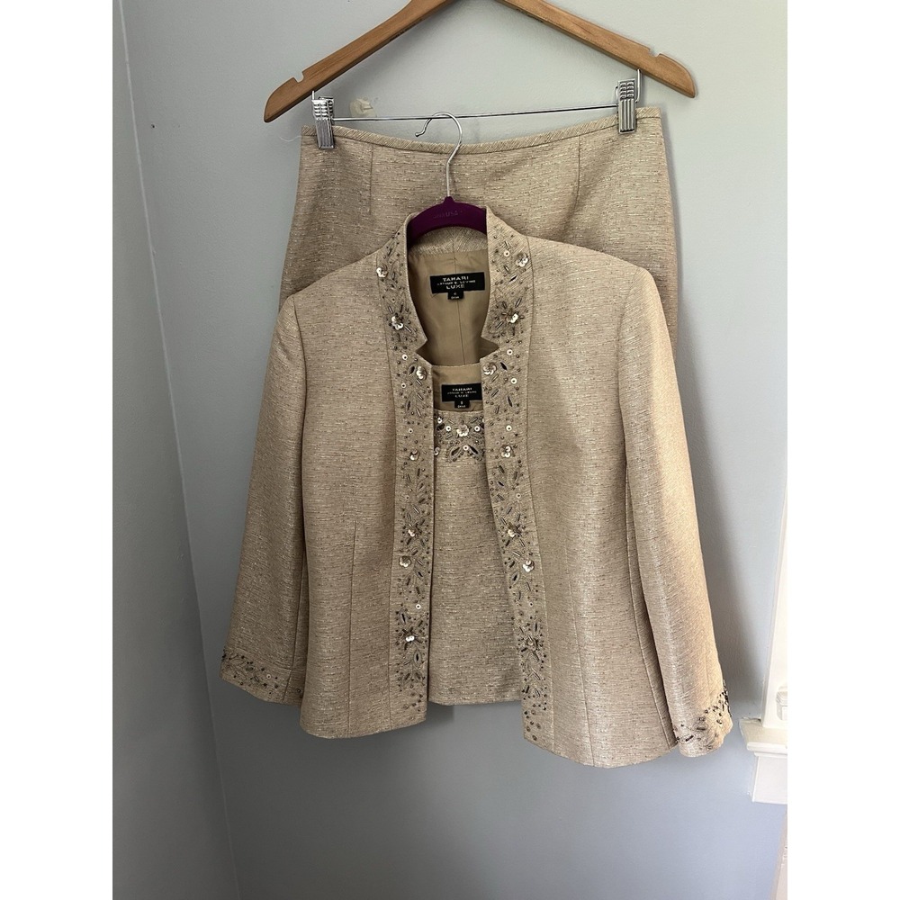 Tahari Arthur S. Levine Luxe Women's 3 Piece Skirt Suit Set Size 6 Old Gold